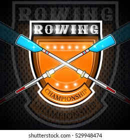 Modern cross oars for rowing in center of shield. Sport logo for any team or championship