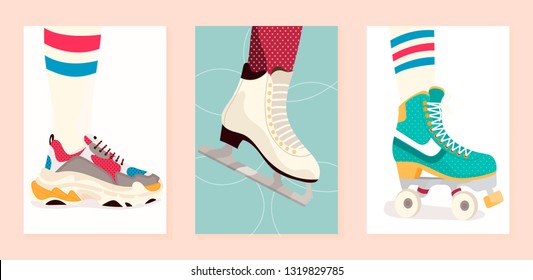 
Modern cross-country sneakers, figure skates, vintage roller skates on foot. Vector colorful illustration set with textures for poster, flyer, postcard, store.