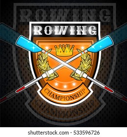 Modern crossed oars for rowing with crown in the middle of golden laurel wreath on the shield. Sport logo for any team or championship