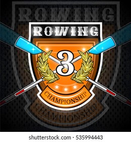 Modern crossed oars for rowing with number three in the middle of golden laurel wreath on the shield. Sport logo for any team or championship