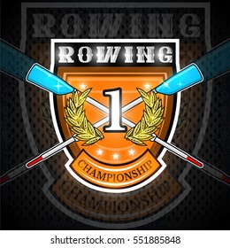 Modern crossed oars for rowing with number one in the middle of golden laurel wreath on the shield. Sport logo for any team or championship
