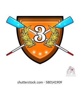 Modern crossed oars for rowing with number three in the middle of golden laurel wreath on the shield. Sport logo for any team or championship isolated on white