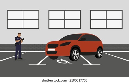 Modern crossover parked in a place for a disabled person and a policeman is standing nearby and writes out a fine