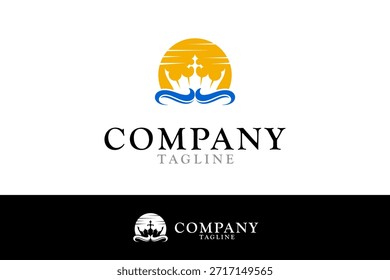 Corona moderna y onda, elemento del sol, Vector de diseño del logotipo del rey del mar con estilo plano en color amarillo y azul