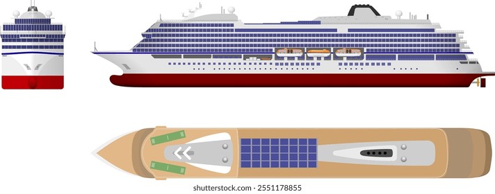 Modern Cruise Liner. Side, front and top profile of a 21st century passenger cruise ship. Detailed isolated vector illustration.