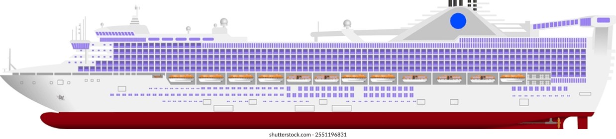 Modern Cruise Liner. Side profile of a 21st century cruise ship. Isolated vector illustration.