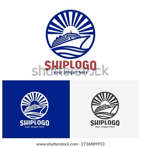 Modern Cruise Ship Logo Vector Sun Rays Ocean Waves Travel Agency Branding