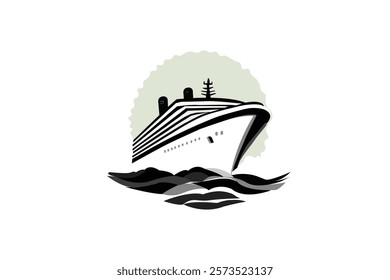 Modern Cruise Ship Minimalist Silhouette on single line art drawing of isolated outline vector 