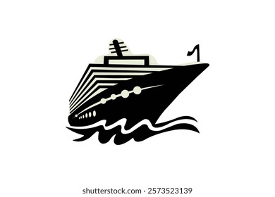 Modern Cruise Ship Minimalist Silhouette on single line art drawing of isolated outline vector 