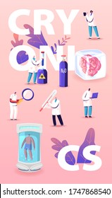 Concepto Moderno De Tecnología Cryonics. Los Caracteres Científicos Desarrollan Equipo Futurista De Hibernación, Cámara Criogénica con Adentro Humano Durmiente. Afiche de pancarta. Ilustración de vectores de personas de caricatura