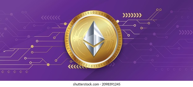 Modern Crypto Currency Ethereum (ETHER) Logo Vector Illustration In A Technology Background Vector Illustration. Can Be Used As Poster, Web Banner, Header, Cover And Marketing Posters.