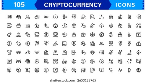 Modern Cryptocurrency Icon Set for Digital Finance, Blockchain, Wallets, Tokens, and Mining - Minimal Vector Symbols