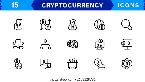 Conjunto de iconos de criptomonedas modernos para finanzas digitales, blockchain, billeteras, tokens y minería - Símbolos de Vector mínimos