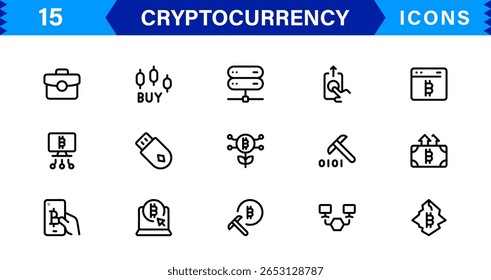 Modern Cryptocurrency Icon Set for Digital Finance, Blockchain, Wallets, Tokens, and Mining - Minimal Vector Symbols