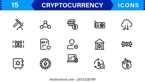 Modern Cryptocurrency Icon Set for Digital Finance, Blockchain, Wallets, Tokens, and Mining - Minimal Vector Symbols