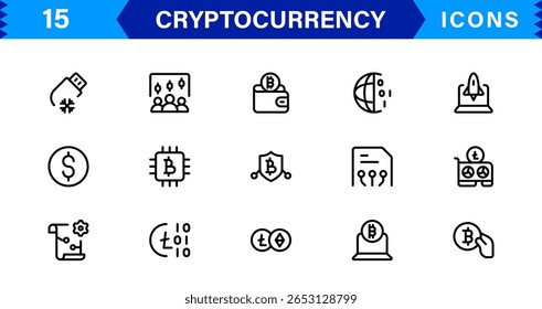 Conjunto de iconos de criptomonedas modernos para finanzas digitales, blockchain, billeteras, tokens y minería - Símbolos de Vector mínimos
