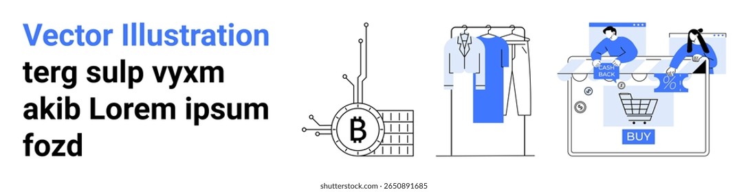 Símbolo criptomoeda moderno com linhas de circuito ao lado da loja de roupas e carrinho de compras on-line. Ideal para fintech, e-commerce, marketing digital, blogs de tecnologia, varejo on-line, criptomoeda