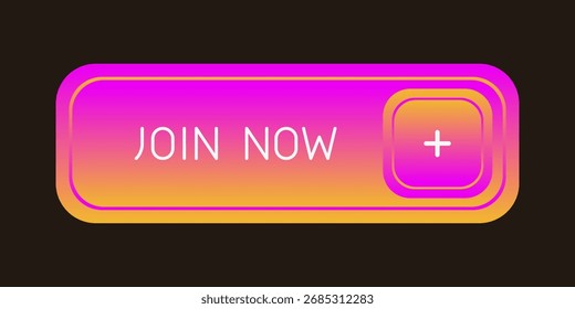 Botão CTA moderno com brilho, "Junte-se agora" texto, mais ícone, efeito 3D, elemento de interface do usuário da Web para landing pages, aplicativos móveis ou banners.