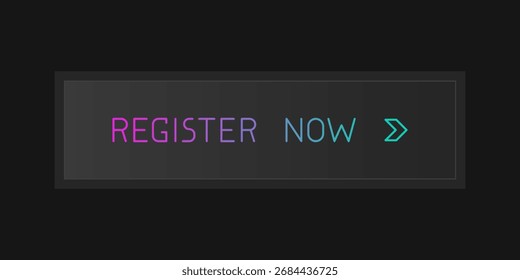 Botão CTA moderno com brilho, "Registre agora" texto, ícone de seta, efeito 3D, elemento de interface do usuário da Web para landing pages, aplicativos móveis ou banners.