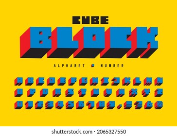 Modern cube block alphabet and number set. 3D bauhaus square typographic design. Funky retro geometric font or typeface for headline, title, poster, web design, brochure, cover, graphic layout, etc.