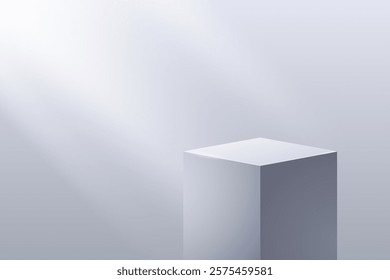 Modern cube podium pedestal for product presentation on empty minimalist studio background with sunlight from window. Vector 3d illustration.