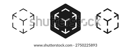 Modern Cubic AR VR Technology Icon Set: Three Minimalist Geometric 3D Concept Designs for Logistics and Innovation. Isometric pictogram of cube