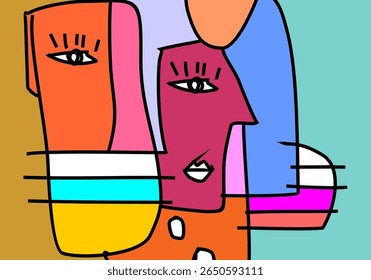 modern cubism illustration of abstract human faces merged into one composition. 