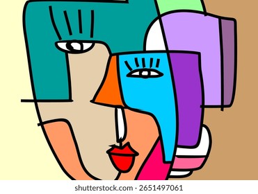modern cubism illustration of abstract human faces merged into one composition. 