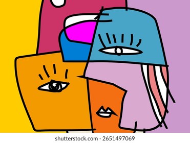modern cubism illustration of abstract human faces merged into one composition. 