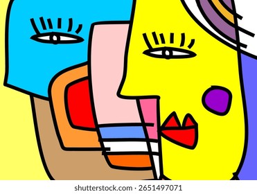 modern cubism illustration of abstract human faces merged into one composition. 