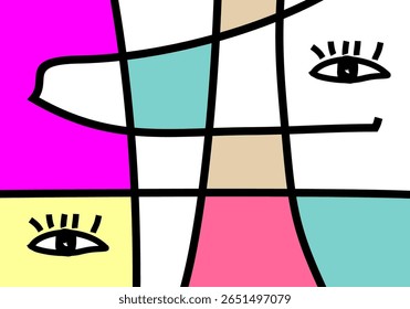 modern cubism illustration of abstract human faces merged into one composition. 