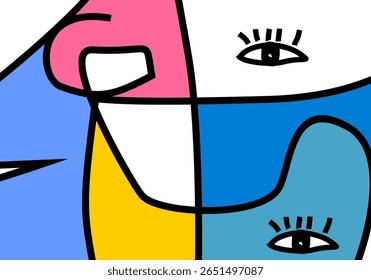 modern cubism illustration of abstract human faces merged into one composition. 