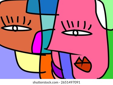 modern cubism illustration of abstract human faces merged into one composition. 