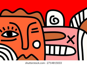 Modern cubism illustration featuring expressive abstract faces with bold outlines, vibrant red background