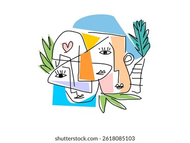 Modern cubism style abstract illustration of two overlapping faces with tropical leaves.