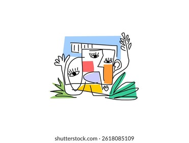 Modern cubism style abstract illustration of two overlapping faces with tropical leaves.
