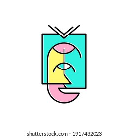 Modern cubism surreal face artwork. Men avatar for logo, t-shirt and emblem design. Isolated on white background