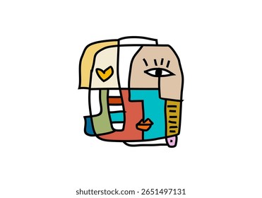 A modern cubist artwork featuring an abstract human face constructed from colorful geometric shapes.