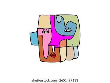 A modern cubist artwork featuring an abstract human face constructed from colorful geometric shapes.