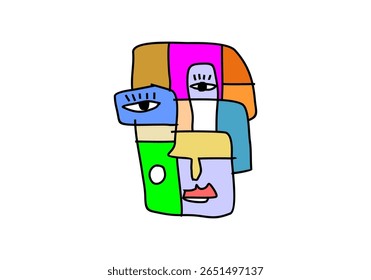 A modern cubist artwork featuring an abstract human face constructed from colorful geometric shapes.