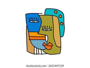 A modern cubist artwork featuring an abstract human face constructed from colorful geometric shapes.