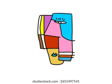 A modern cubist artwork featuring an abstract human face constructed from colorful geometric shapes.