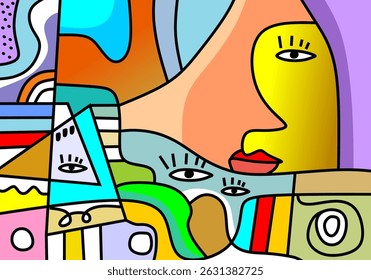 Modern cubist face art in vivid hues, combining abstract line work with expressive eyes and stylized shapes.