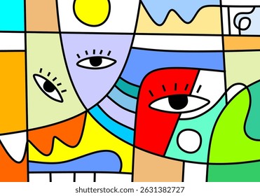 Modern cubist face art in vivid hues, combining abstract line work with expressive eyes and stylized shapes.