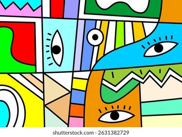 Modern cubist face art in vivid hues, combining abstract line work with expressive eyes and stylized shapes.