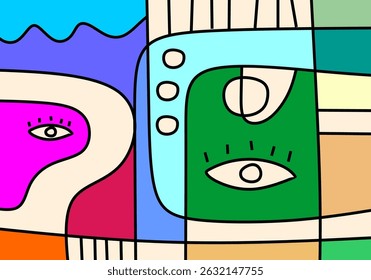 Modern cubist face art in vivid hues, combining abstract line work with expressive eyes and stylized shapes.
