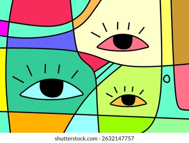 Modern cubist face art in vivid hues, combining abstract line work with expressive eyes and stylized shapes.