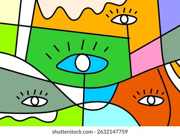Modern cubist face art in vivid hues, combining abstract line work with expressive eyes and stylized shapes.