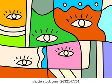 Modern cubist face art in vivid hues, combining abstract line work with expressive eyes and stylized shapes.