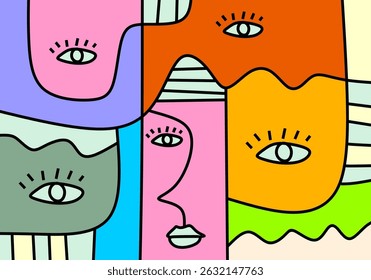 Modern cubist face art in vivid hues, combining abstract line work with expressive eyes and stylized shapes.